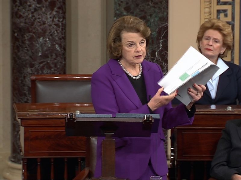 © Reuters. Video grab shows Senate Intelligence Committee Chairwoman Feinstein speaking on the floor of the U.S. Senate in Washington