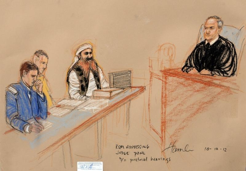© Reuters. Khalid Sheikh Mohammed is pictured on the third day of pre-trial hearings in the 9/11 war crimes prosecution as depicted in this Pentagon-approved courtroom sketch at the U.S. Naval Base Guantanamo Bay