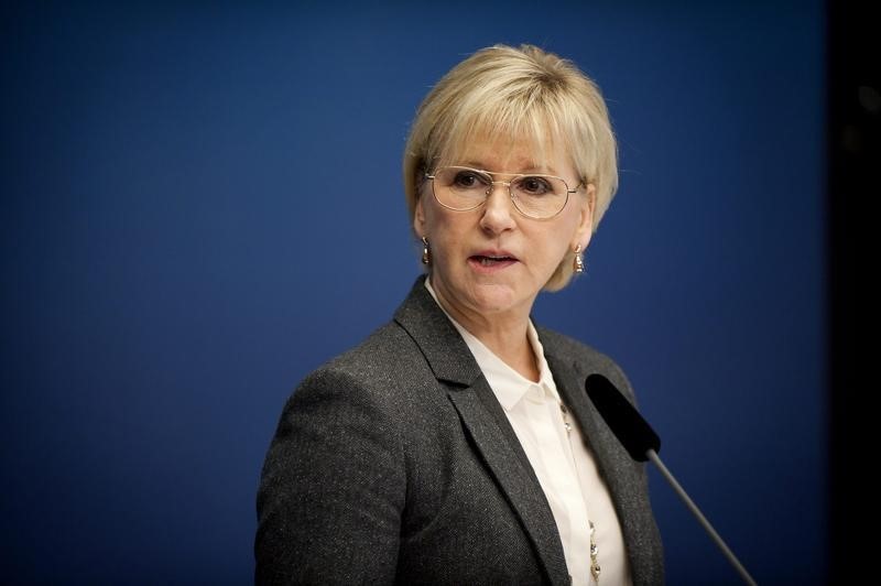 © Reuters. Sweden's Foreign Minister Margot Wallstrom attends a news conference at the Rosenbad government building in Stockholm