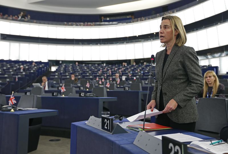 © Reuters. European Union High Representative for Foreign Affairs and Security Policy Mogherini addresses the European Parliament during a debate on the recognition of Palestine statehood, in Strasbourg