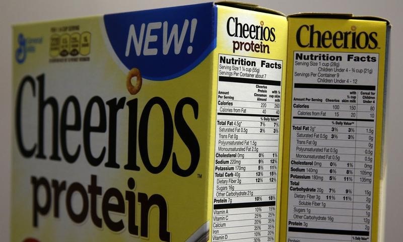© Reuters. The nutritional labels of two types of Cheerios cereal are seen in this photo illustration in Wilmette