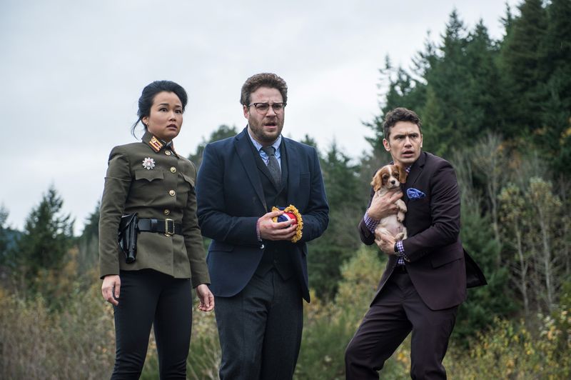 © Reuters. Sook, played by Diana Bang with Aaron, played by Seth Rogen and Dave played by James Franco in Columbia Pictures' The Interview