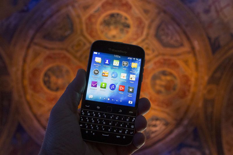 © Reuters. The new Blackberry Classic smartphone is shown during a display at the launch event in New York