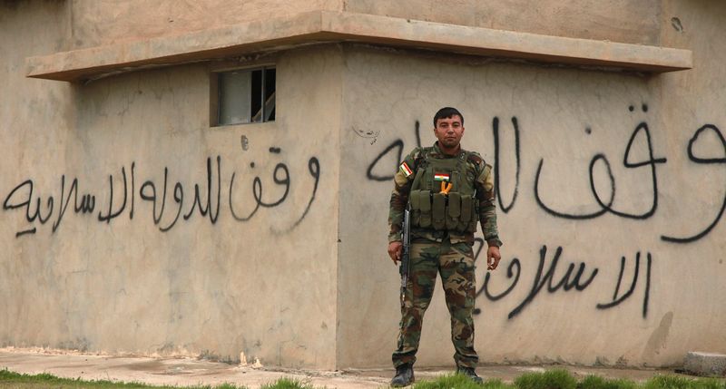© Reuters. A Kurdish Peshmerga fighter stands guard in Zumar