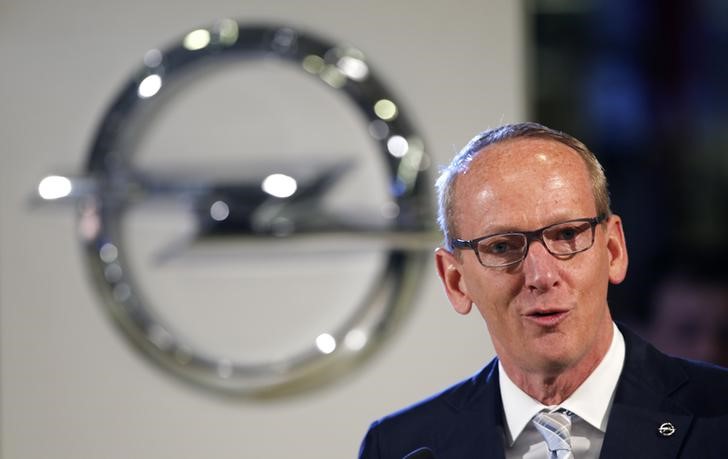 © Reuters. Karl-Thomas Neumann, chief executive of Adam Opel AG, gives a speech during a ceremony in Eisenach