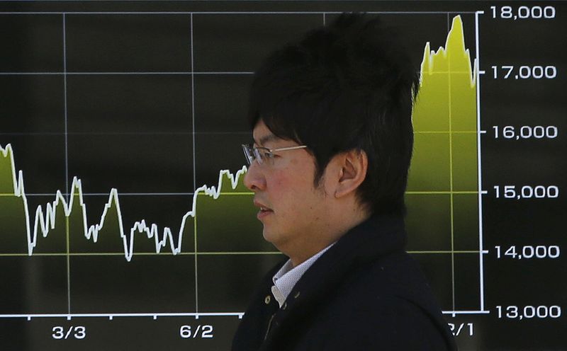© Reuters. A man walks past an electronic graph showing recent Japan's Nikkei stock average movements at a brokerage in Tokyo