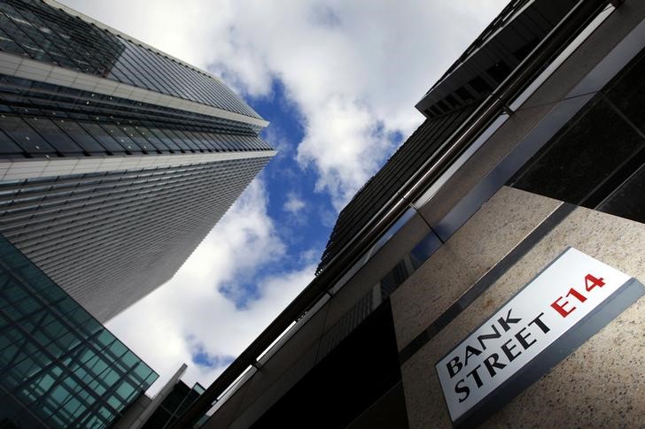 © Reuters. File photo of a sign for Bank Street and high rise offices in the financial district Canary Wharf in London