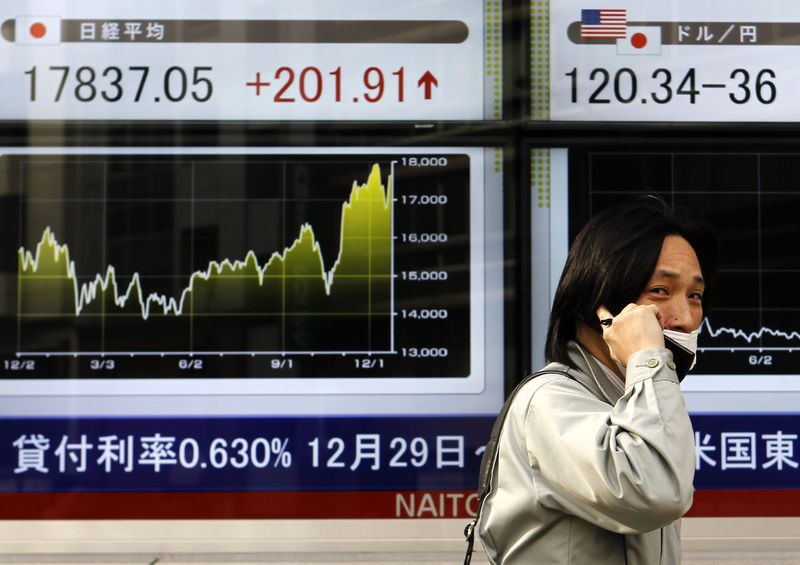 © Reuters. A man walks past electronic boards showing graph of recent fluctuations of Japan's Nikkei average and Japanese yen's exchange rate against U.S. dollar outside brokerage in Tokyo