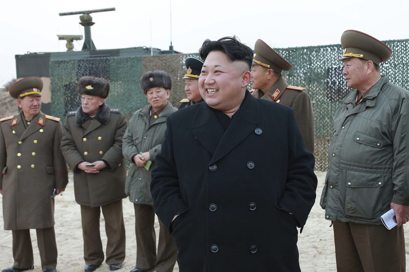 © Reuters. Handout photo of North Korean leader Kim Jong Un guiding the multiple-rocket launching drill of women's sub-units under KPA Unit 851