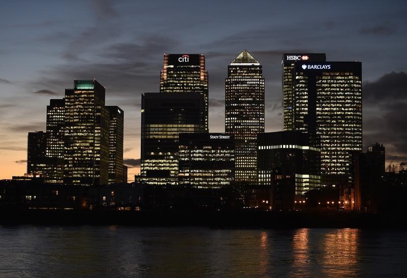 © Reuters. The Canary Wharf financial district is seen at dusk in east London