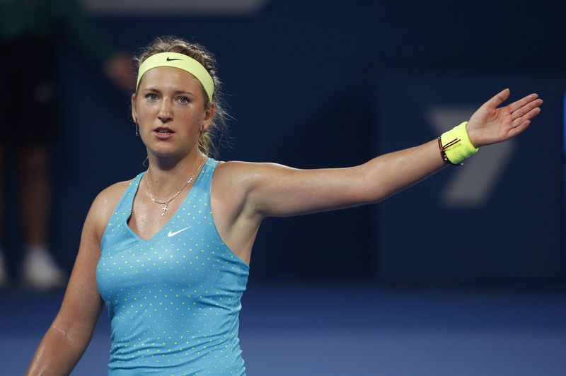 © Reuters. Victoria Azarenka of Belarus reacts to a missed point during her Brisbane International tennis tournament first round loss to Karolina Pliskova of the Czech Republic in Brisbane