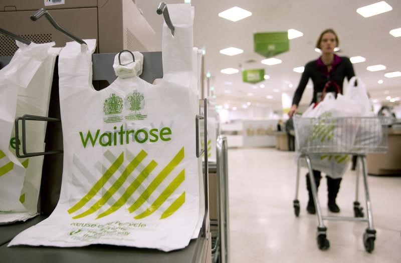 © Reuters. A shopper passes by branded bags in the Canary Wharf store of Waitrose in London
