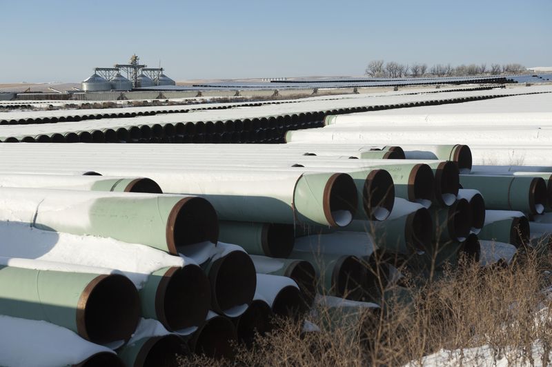 © Reuters. A depot used to store pipes for Transcanada Corp's planned Keystone XL oil pipeline is seen in Gascoyne North Dakota