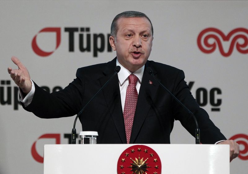 © Reuters. Turkey's President Erdogan speaks during  the opening of an extension to an oil refinery near Istanbul