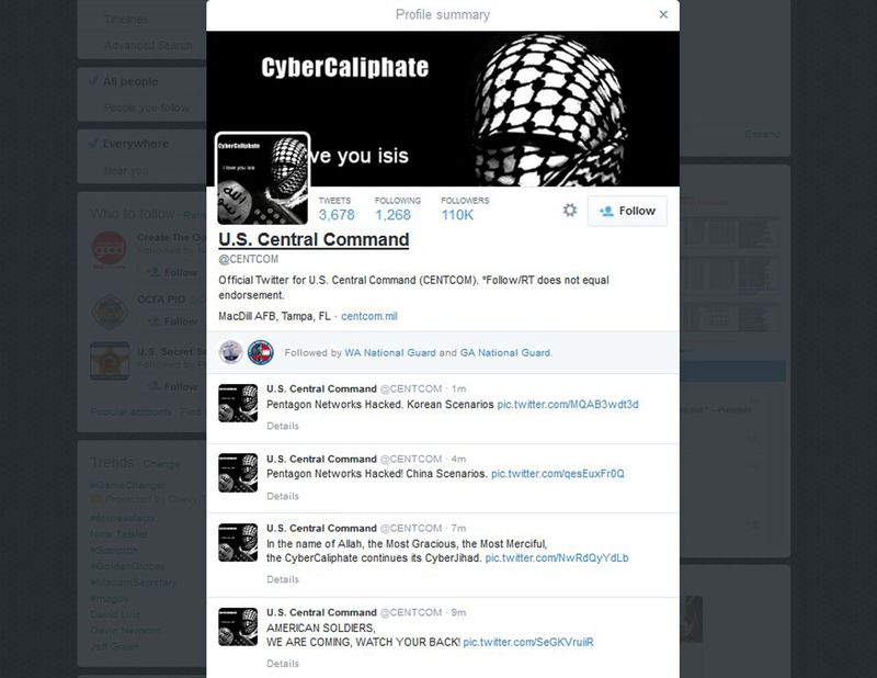 © Reuters. Pirateada la cuenta del Comando Central de EEUU en Twitter, según el Pentágono
