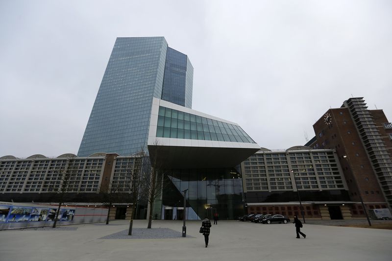 © Reuters. People walk past the new ECB headquarters