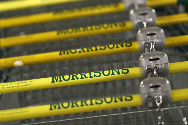 © Reuters. Shopping trolleys are stacked at a Morrisons supermarket store in London