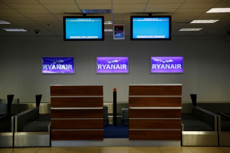 © Reuters. A check-in desk area with Ryanair signage is seen at the airport in Lodz