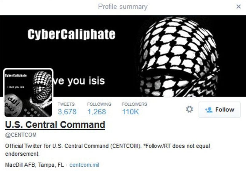 © Reuters. A computer screenshot shows the U.S. Central Command Twitter feed after it was apparently hacked by people claiming to be Islamic State sympathizers