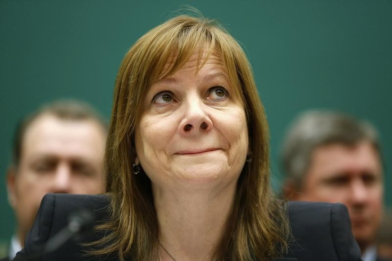 © Reuters. GM CEO Barra purses lips before testifying before House Energy and Commerce Oversight and Investigations Subcommittee hearing on Capitol Hill