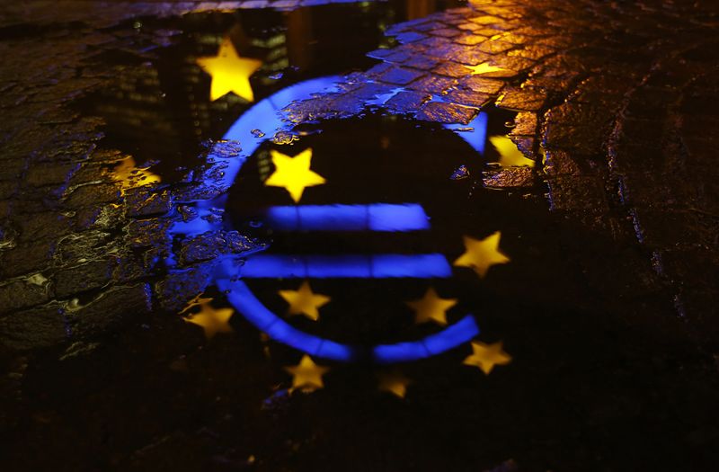 © Reuters. The famous euro sign landmark is reflected in a puddle outside the former headquarters of the European Central Bank (ECB) in Frankfurt