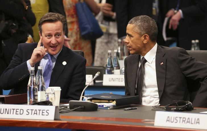 © Reuters. British Prime Minister David Cameron gestures as he talks with U.S. President Barack Obama during a plenary session at the G20 summit in Brisbane