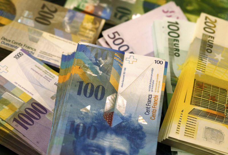 © Reuters. File photo shows Swiss Franc and Euro banknotes of several values in Swiss bank in Bern
