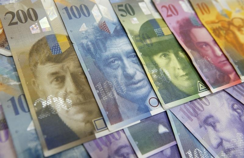 © Reuters. Купюры валюты швейцарский франк в Варшаве