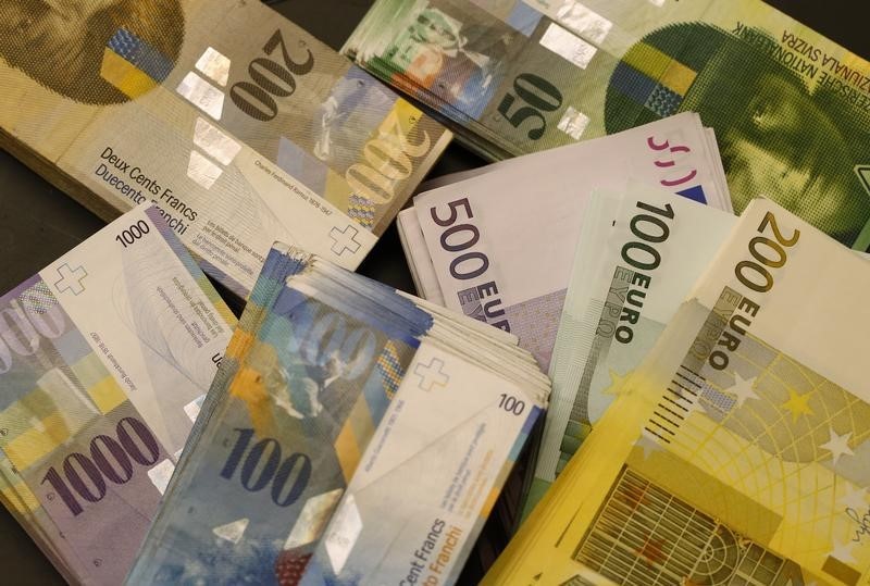 © Reuters. Swiss Franc and Euro banknotes of several values lie on a table in a Swiss bank in Bern