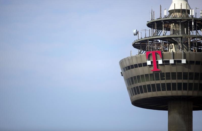 © Reuters. Logo of Deutsche Telekom is pictured on  "Colonia"  TV tower in Cologne