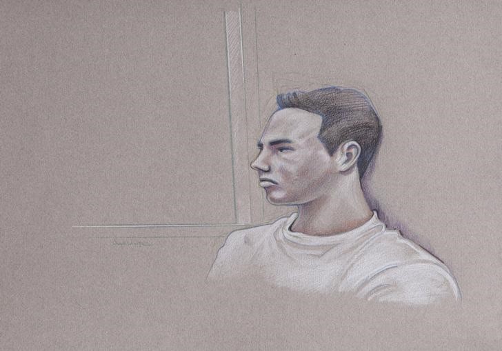 © Reuters. An artist's sketch shows Luka Rocco Magnotta in court for his preliminary hearing in Montreal