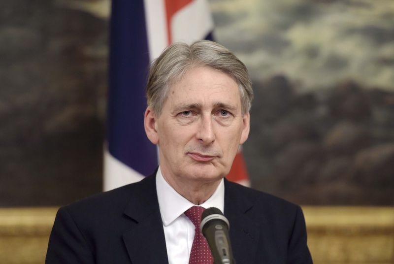 © Reuters. British Foreign Secretary Philip Hammond pauses as he speaks during a meeting with Finnish Foreign Minister Erkki Tuomioja in Helsinki