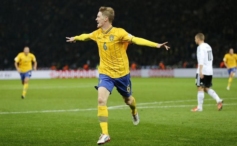 © Reuters. Sweden's Elm celebrates goal against Germany during the World Cup 2014 qualifying soccer match in Berlin