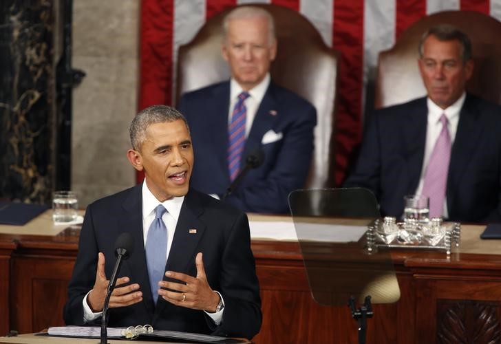 © Reuters. U.S. President Barack Obama delivers his State of the Union address to a joint session of the U.S. Congress on Capitol Hill in Washington