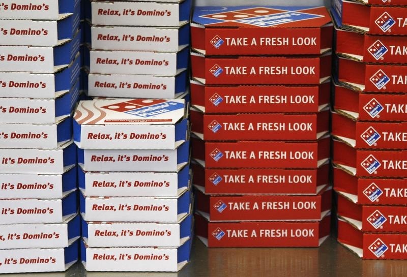 © Reuters. Pizza boxes rest on a shelf in branch of Domino's Pizza in central London
