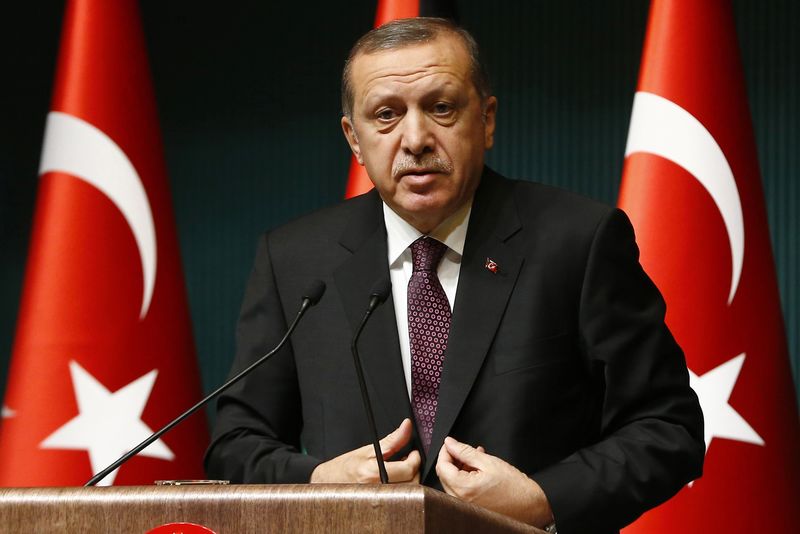 © Reuters. Turkey's President Tayyip Erdogan addresses the media at the Presidential Palace in Ankara