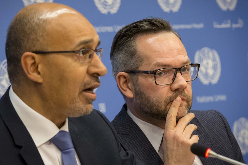 © Reuters. French State Secretary for European Affairs Harlem Desir and German Minister of State for Europe Michael Roth attend a news conference at the United Nations headquarters in New York