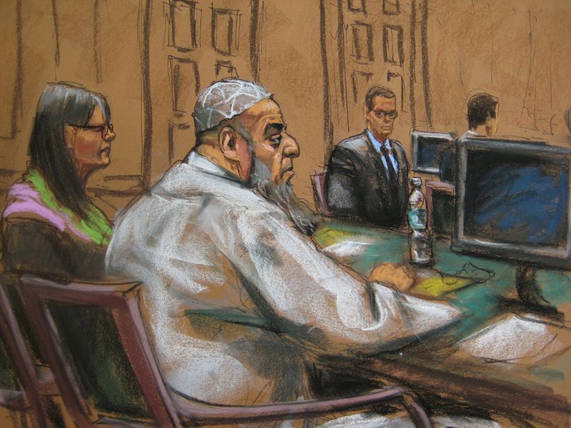 © Reuters. A courtroom sketch shows Khalid al-Fawwaz at the New York federal court