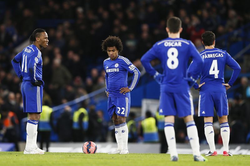 © Reuters. Chelsea players react after Bradford City's Yeates scored during their FA Cup fourth round soccer match at Stamford Bridge in London