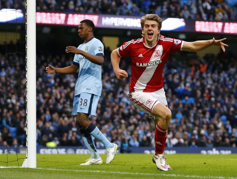 © Reuters. Middlesbrough's Bamford celebrates his goal against Manchester City during their English FA Cup 4th round soccer match in Manchester