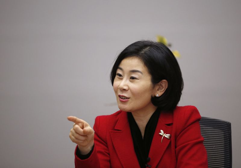 © Reuters. Minister Of Family And Gender Equality Kim speaks during an interview at her office in Seoul