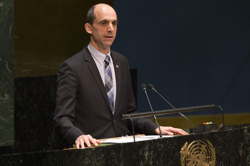 © Reuters. Steven Blaney, Canada's Minister of Public Safety and Emergency Preparedness, addresses the United Nations General Assembly during a meeting about the rise of anti-Semitism, at the UN headquarters in New York