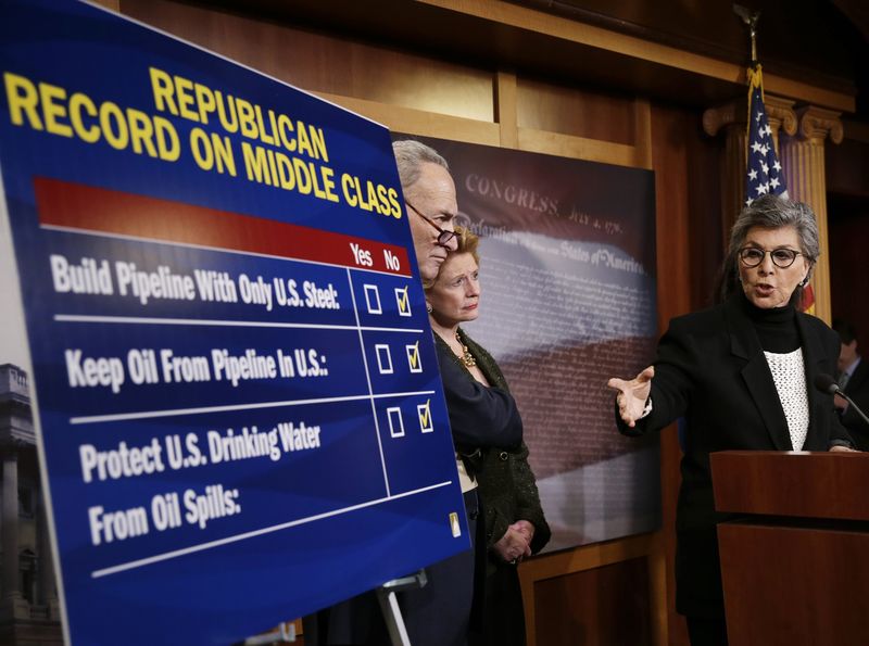 © Reuters. Senators Schumer, Boxer and  Stabenow respond to Republicans at a Democrat response news conference after vote on amendments on the Keystone XL pipeline bill  in Washington