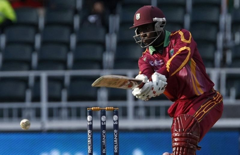 © Reuters. West Indies' Nikita Miller plays a shot during their ICC Champions Trophy cricket match in Johannesburg