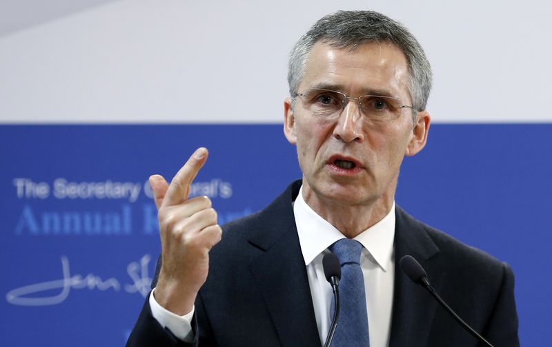 © Reuters. NATO Secretary General Stoltenberg addresses a news conference at the Alliance headquarters in Brussels