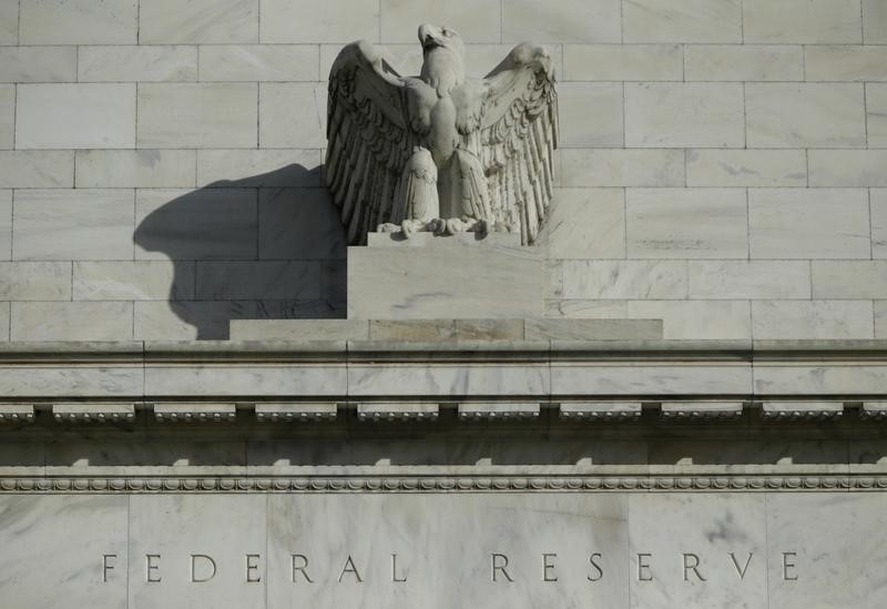 © Reuters. Detail from the front of the United States Federal Reserve Board building is shown in Washington