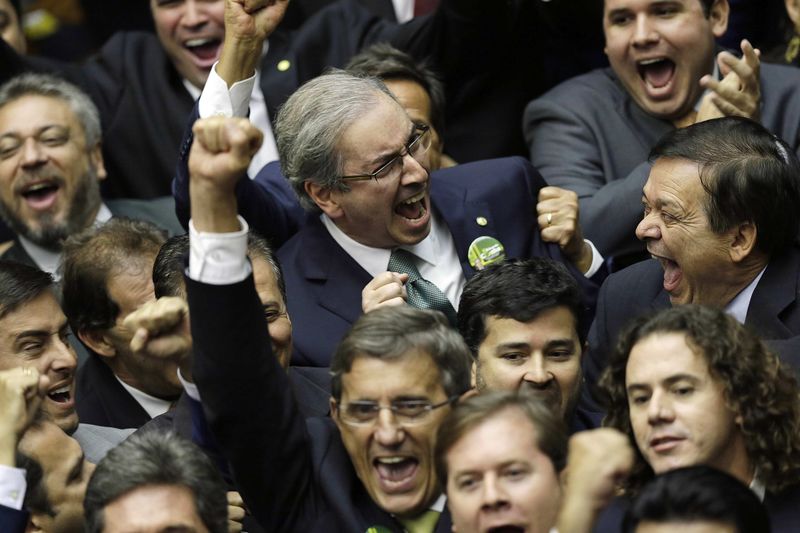 © Reuters. Deputy Eduardo Cunha reacts after being elected as the President of the Chamber of Deputies during a session in the plenary of the House of Representatives in Brasilia