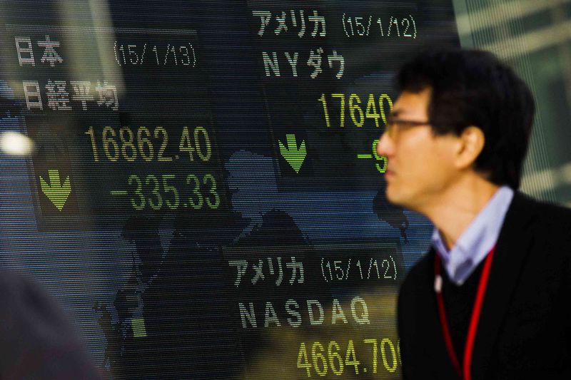 © Reuters. A man walks past an electronic board displaying Japan's Nikkei average in Tokyo