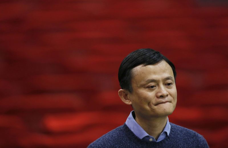 © Reuters. Alibaba Group Holding Ltd chairman Jack Ma reacts as he speaks to journalists after holding a talk by Our Hong Kong Foundation in Hong Kong