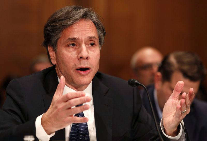 © Reuters. Deputy Secretary of State Antony Blinken testifies before a Senate Banking, Housing and Urban Affairs Committee